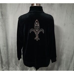 Quacker Factory Black Velour Rhinestone Zip Up Jacket Womens 2X Fleur De Lis